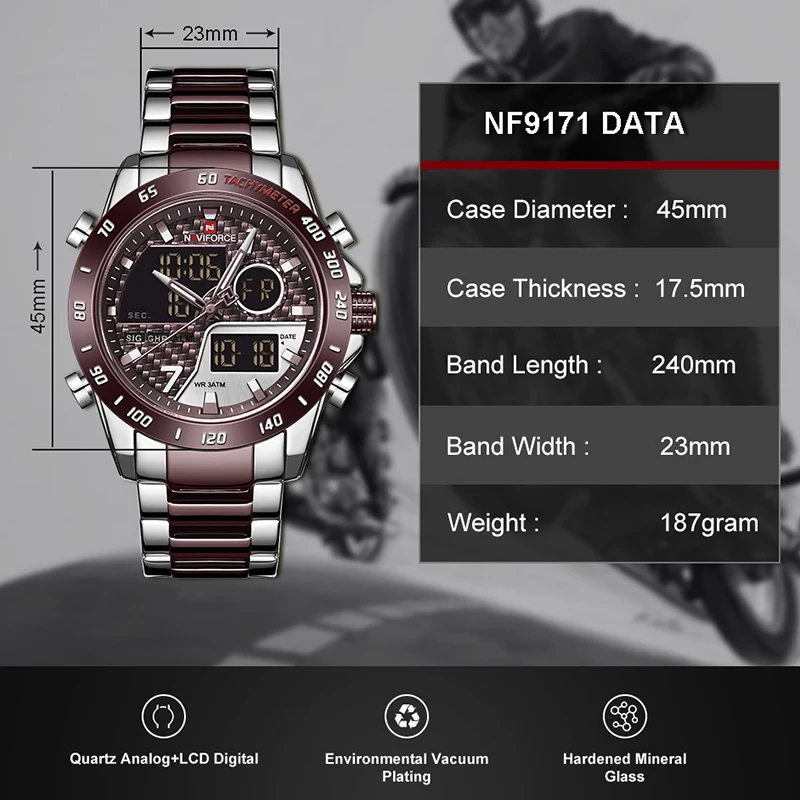 NAVIFORCE NF9171 Brand Top Men's Electronic Quartz Watches Night Glow Waterproof Stainless Steel Electronic Sport Watch for Men