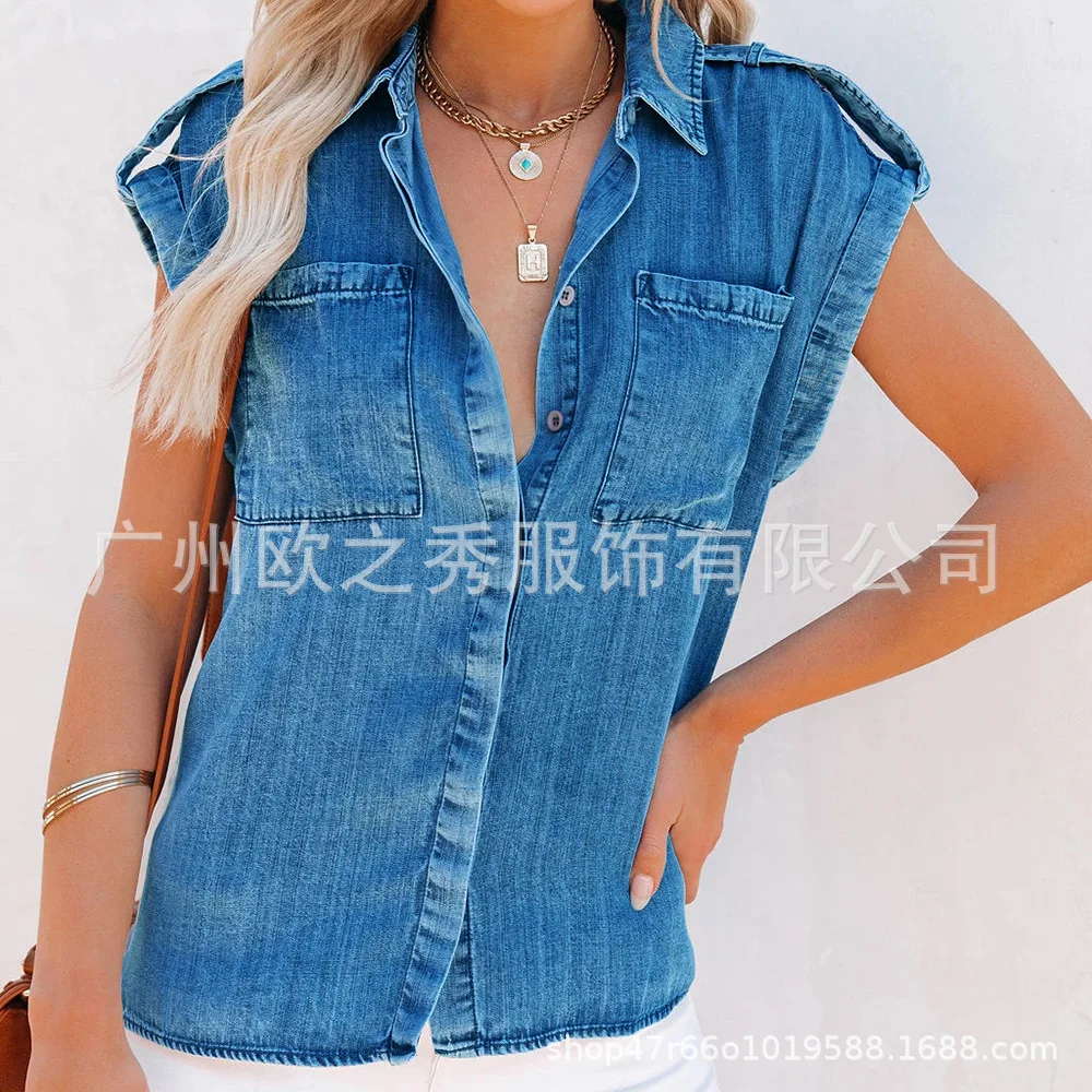 

2025 Summer Short-sleeved Denim Shirt,European and American Retro Women's Solid Color Loose Distressed Shirt, Slimming Top Women