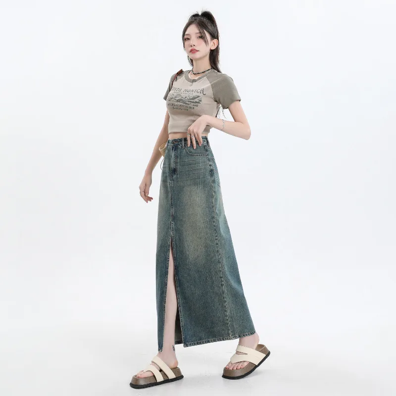 تنورة Boweylun عالية الخصر من قماش الدنيم القديم بنصف الجسم للنساء للربيع والصيف تنورة فضفاضة على شكل حرف a للفتيات