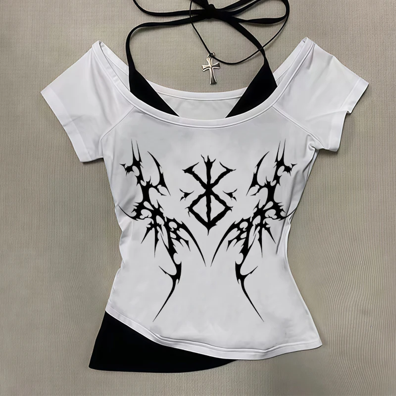 

2000s street fashion Gothic girl cut spider top t-shirt with pure black print retro short sleeved vest Y2k specialty clothing
