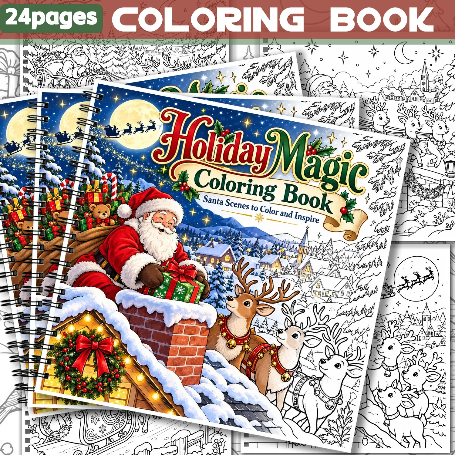 Spiral Coloring Book Featuring Santa Scenes To Color And Inspire, 24Sheets Showcasing Creativity & Relieving Stress Design