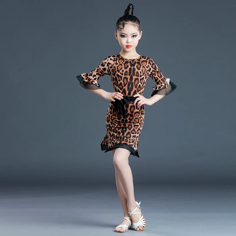 

New Children Latin Dance Dress 2021 Summer Leopard Print Mesh Patchwork Latin Dance Dress Practice Performance Costumes
