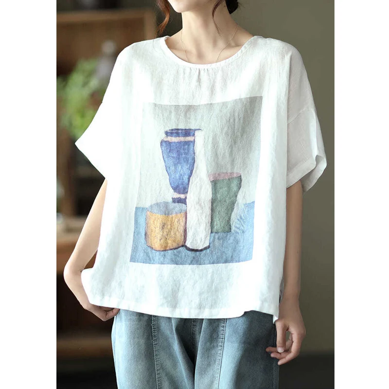 Women Vintage Art Print Cotton Linen Comfortable T Shirt Summer Simple Casual O Neck Short Sleeve Tees Loose Tops Ropa De Mujer