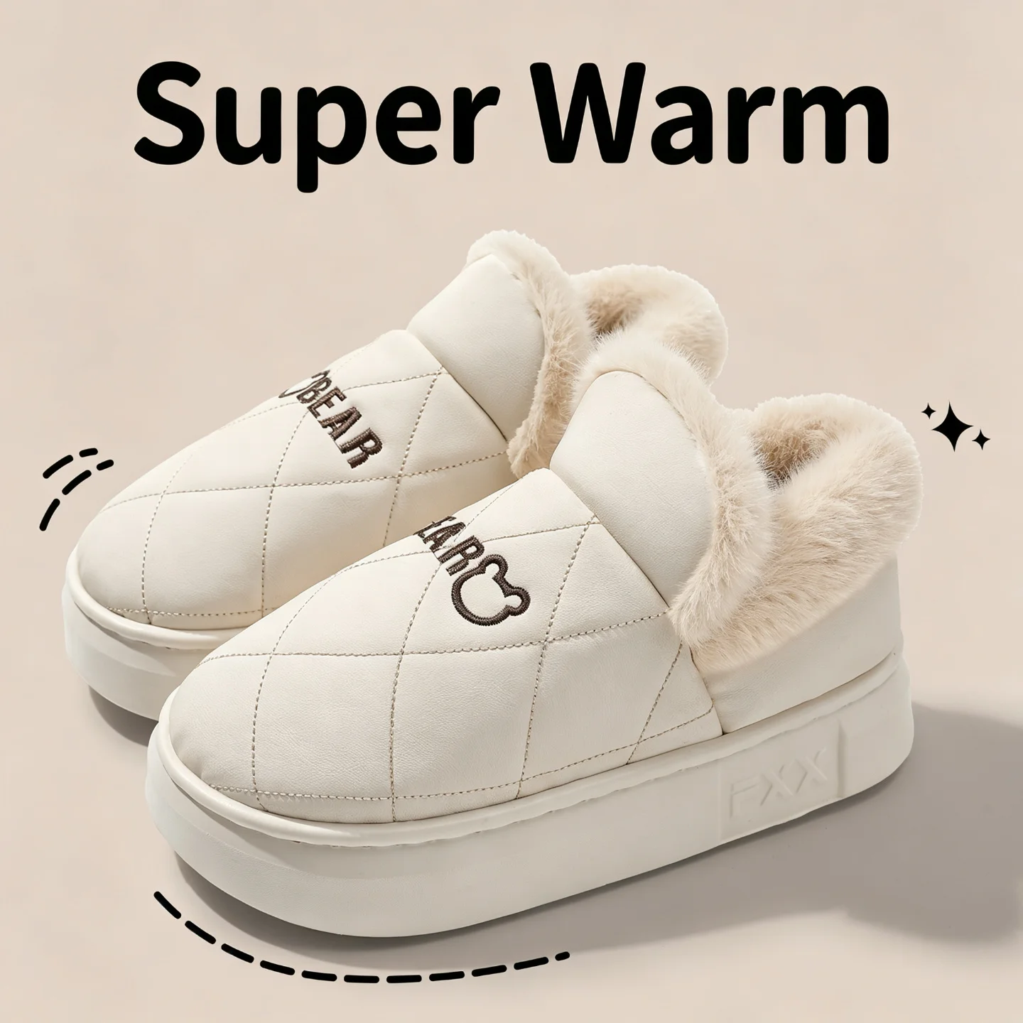 Winter Wasserdichte Hausschuhe für Damen und Herren, Warme Plüsch-Hausschuhe mit Dicker Sohle, Bären-Stickerei, Rutschfeste Indoor-Baumwoll-Fell-Schuhe – Detail 4