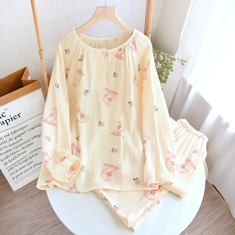 2023 New Spring and Autumn Women's Pajama Set 100%Cotton Crepe Pullover Long Sleeve Pants Two Piece Loose Floral Home Clothing