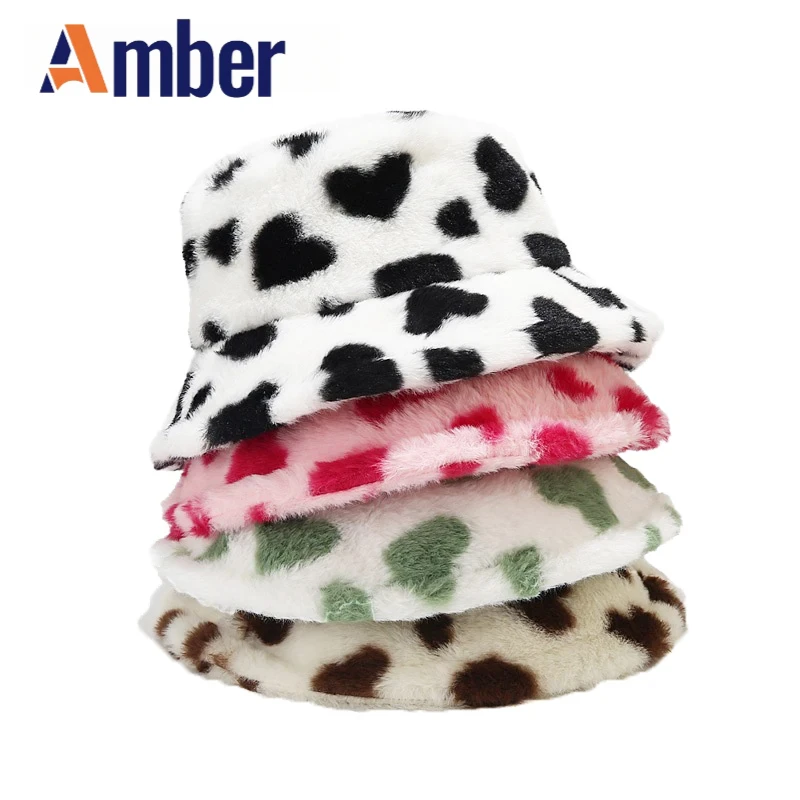 

Amber Winter Bucket Hat Fur Fluffy Panama Fisherman Hats Girl Women Heart Print Warm Soft Velvet Autumn Outdoor Cap Fashion