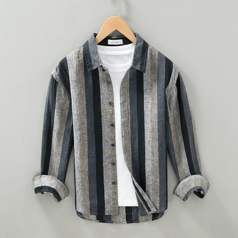 New 100 % Linen Mens Long Sleeve Shirt Japanese Fashion Yarn-dyed Contrast Color Striped Shirt Breathable Tops Vintage Clothes