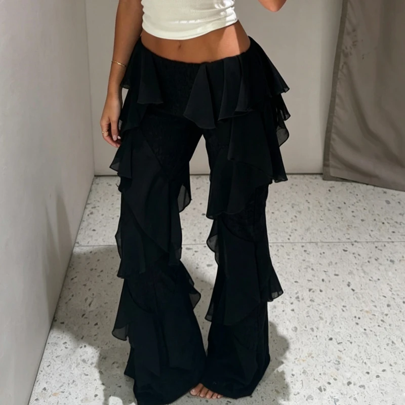 HXAO Ruffle Black Pants For Woman Multi-Layer Baggy Summer Women's Pants Lace Wide Leg Pants Mid Waist Straight Leg Trousers