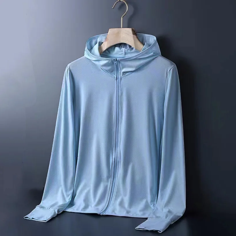 Hommes été mince glace soie Qui sec sport décontracté Protection solaire vêtements à capuche fermeture éclair ouvert Cardigan coréen tendance moi oeillets