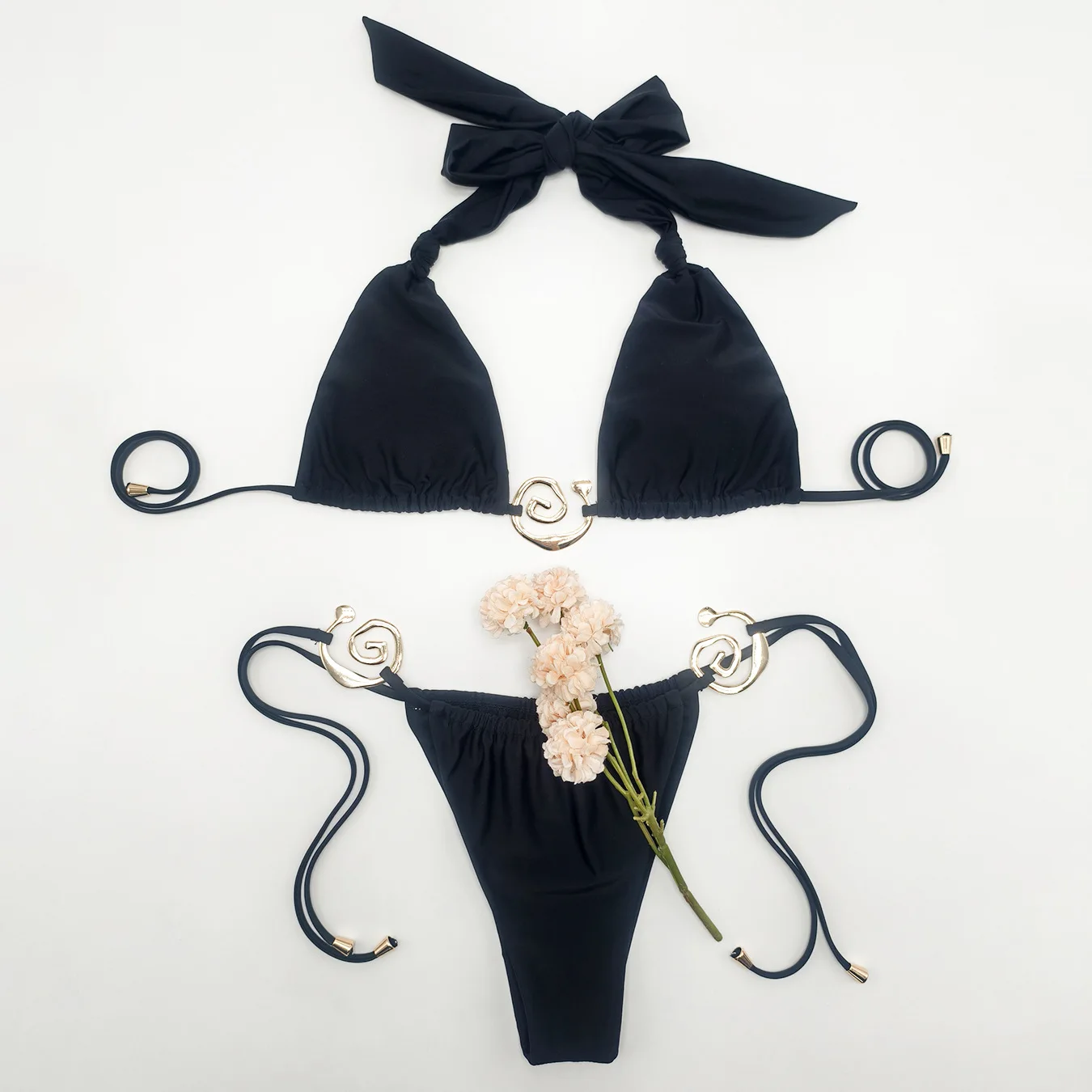 sexy plain halter tie metal ring bikinis sets two pieces thong swimsuits bathing suit beach outfits swimwear biquini tankini