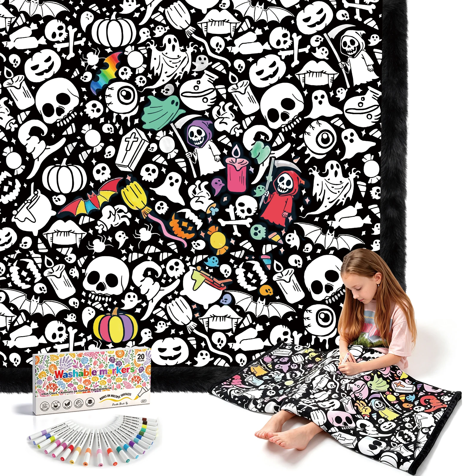 Washable Coloring Blanket with 20 Markers for All Ages
