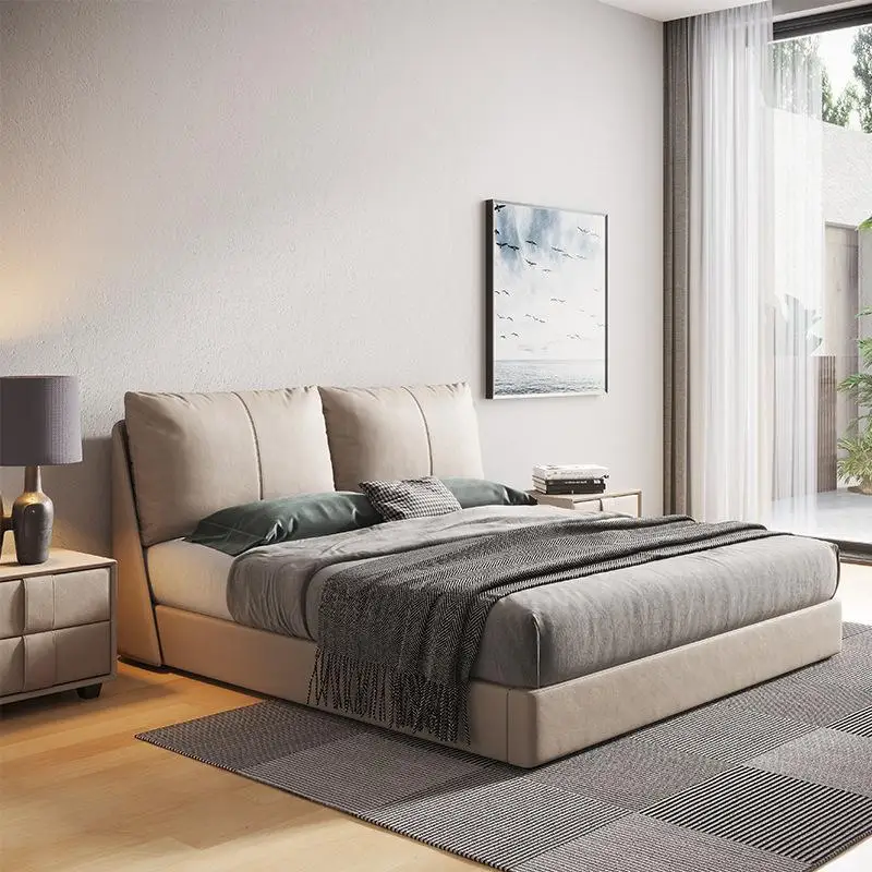 Nordic, leather bed, double, modern, minimalist, master bedroom, top layer cowhide Internet celebrity