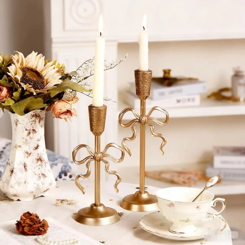 French Bow Metal Candle Holders Set Golden Pink Retro Taper Candlesticks Romantic Home Decor for Wedding Dining Table