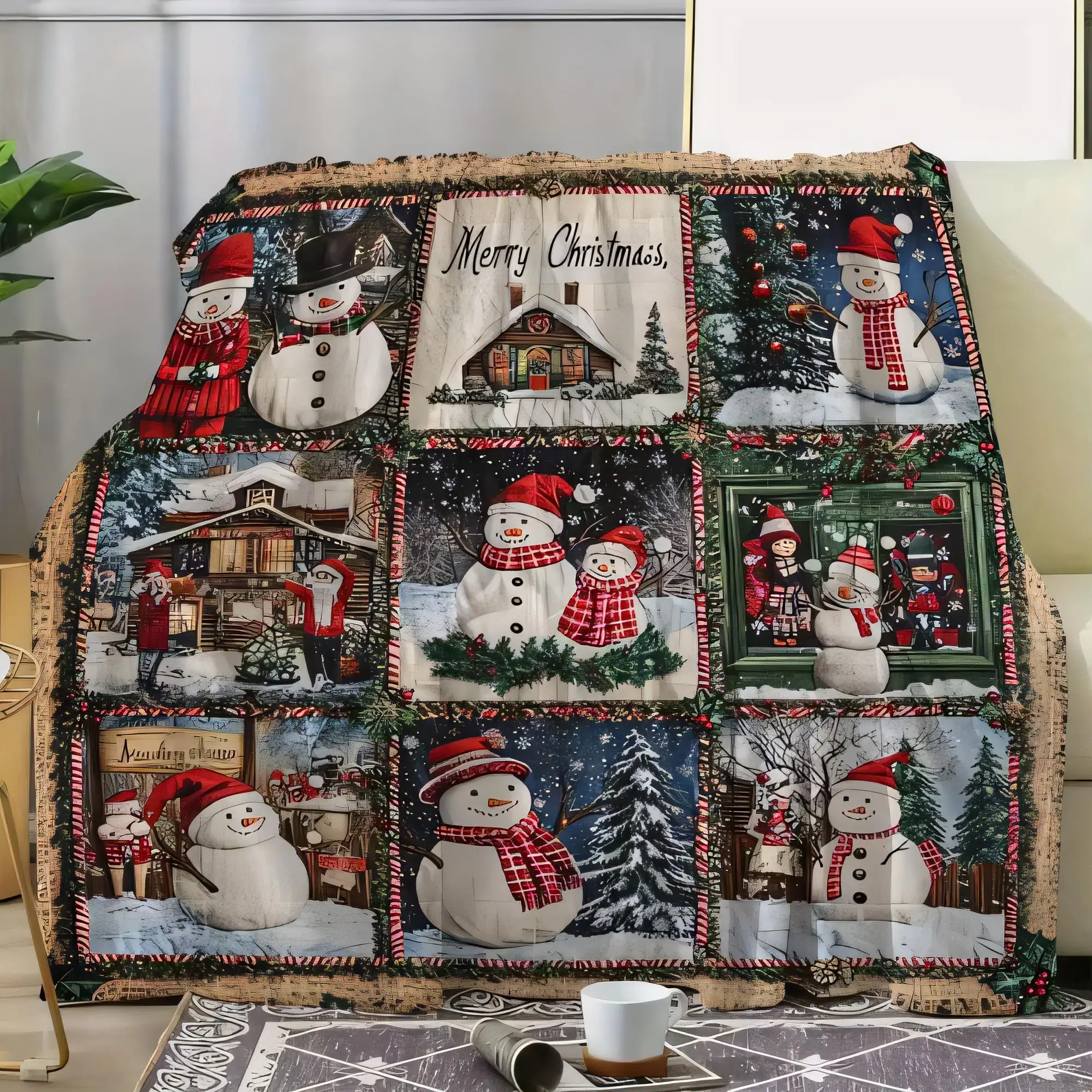 Vintage Patchwork Christmas Blanket Cozy Sofa Throw with Snowmen Merry Christmas Design Decorative Winter Decor for Festive Home