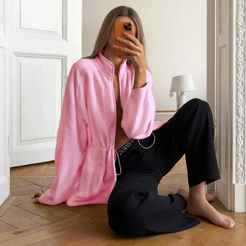 Chic Pink Polar Fleece Zipper Sweatershirt 2026 Autumn Casual Slim Stand Collar Coats Women Fashion Long Sleeve Outerwear