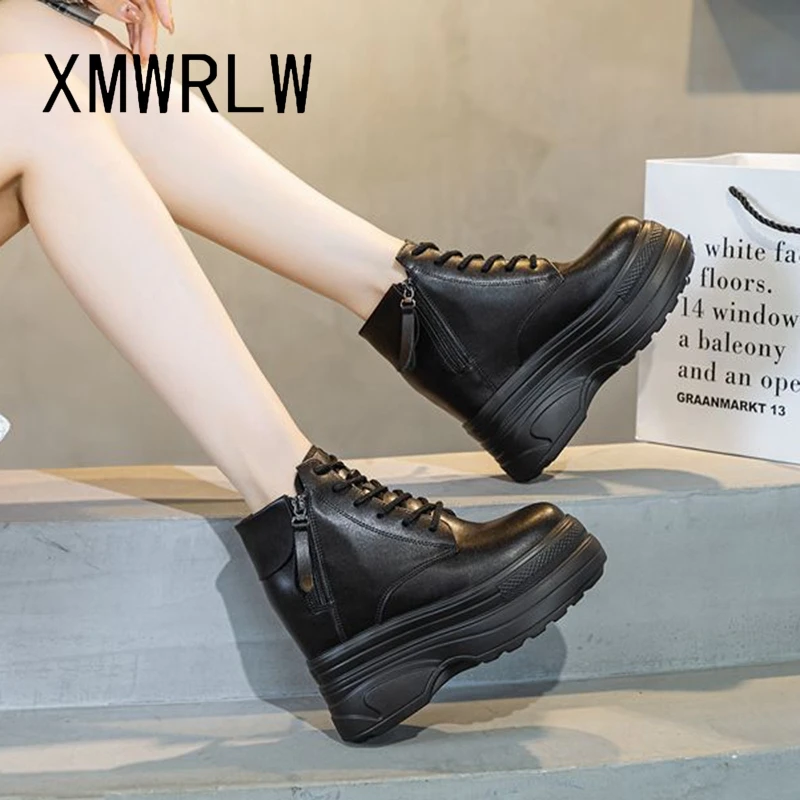 XMWRLW Genuine Leather Ankle Boots For Women Autumn Winter Shoes Fashion Hidden Heel Women Platform Shoes Ankle Boot Size 33