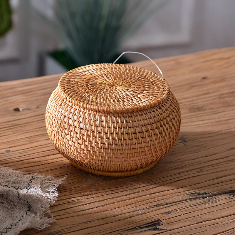 

Pure Handmade Woven Basket Autumn Rattan Storage Basket Round Small Box Coffee Table Desktop Living Room Sundries Candy Basket