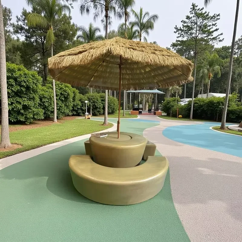Modern Outdoor Round Table and Chair Set Waterproof Umbrella Durable Timber Look Plastic Bench for Kids Picnic & Outdoor