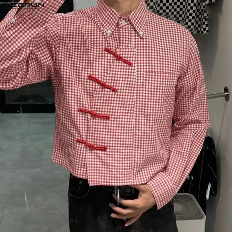 

Мужская рубашка INCERUN в клетку с отложным воротником, длинным рукавом, в стиле пэчворк, свободного кроя, уличная одежда, весна 2026, модные повседневные топы, мужские рубашки