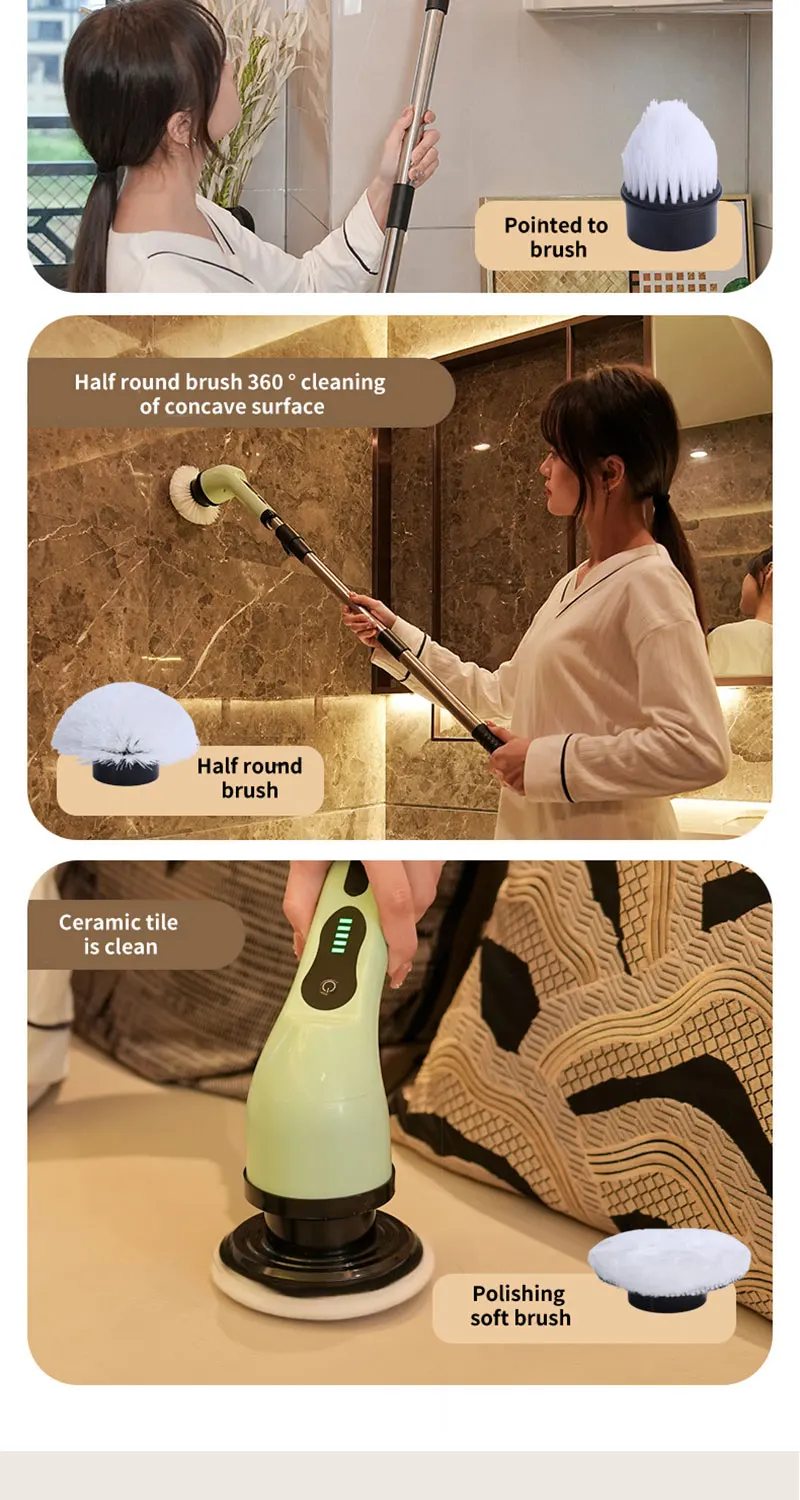Simplify everyday cleaning with a rechargeable electric spin scrubber featuring an extension handle, interchangeable brush heads, USB-C charging, and a battery display.