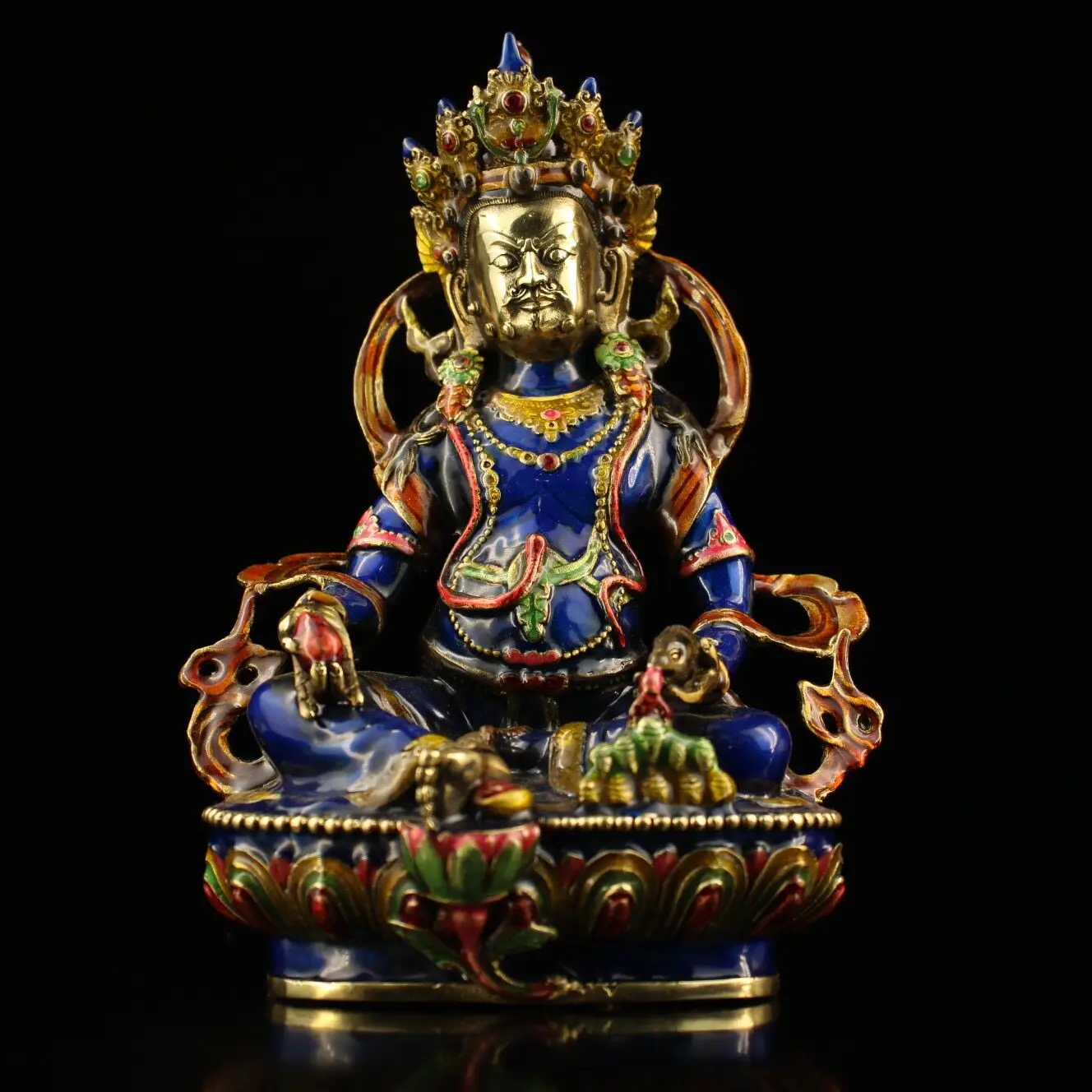 Tibetan Pure Copper Cloisonné Yellow Jambhala Statue Enamel Painted Home Decor Gift