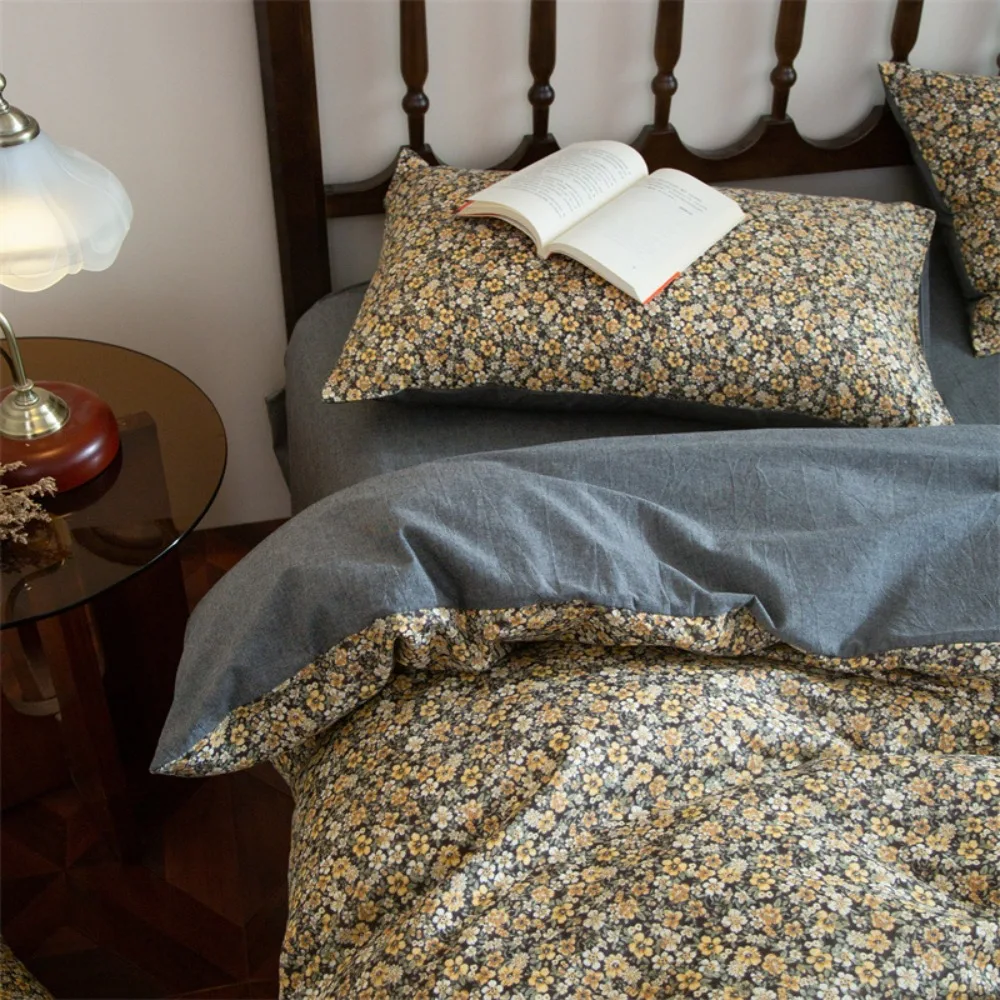 Retro Double-layer Yarn Washed Cotton 3/4 piece Set Small Floral Printing Duvet Cover Flat/Fitted Bed Sheet Bedding Set