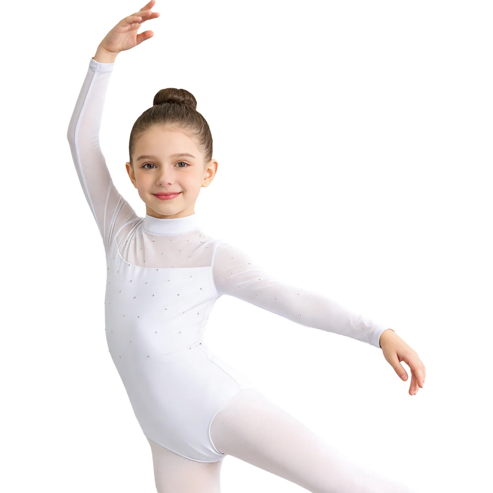 

Shiny Rhinestone Ballerina Latin Dance Leotard for Kids Girls Mock Neck Keyhole Back Ballet Gymnastics Dance Training Bodysuit