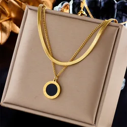 ZAKOL Fashion Roman Numeral Titanium Steel Necklace For Women Round Black Shell Pendant Choker Accessories Gift
