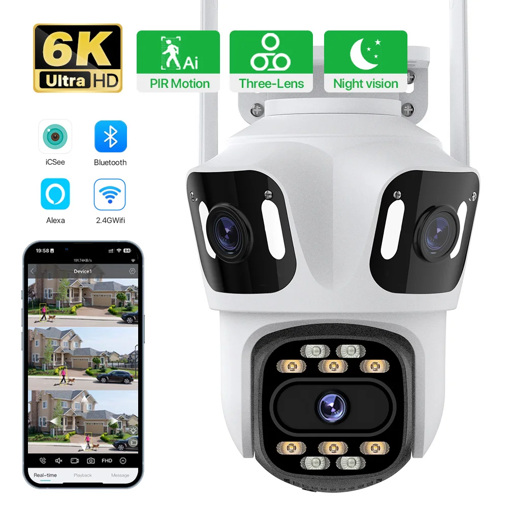 Outdoor External WIFI 6K Three Lens PTZ Camera 4K HD Three Srceen Human Detection Security Camera CCTV Surveillance Camera iCsee