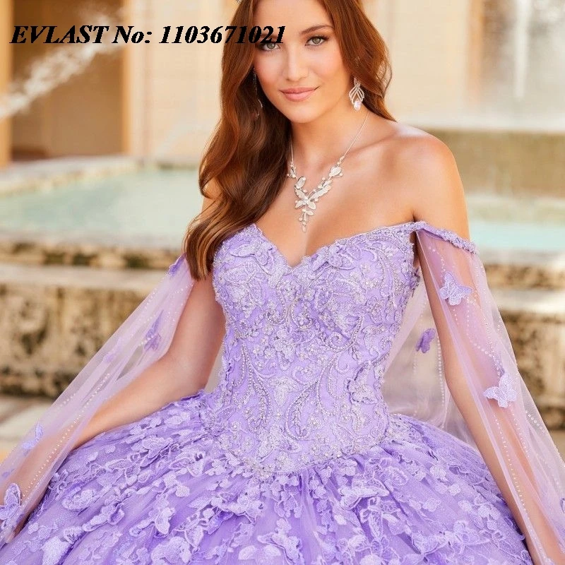 Evlast personalizado lavanda quinceanera vestido de baile borboleta applique miçangas capa doce 16 vestidos de xv 15 anos sq17