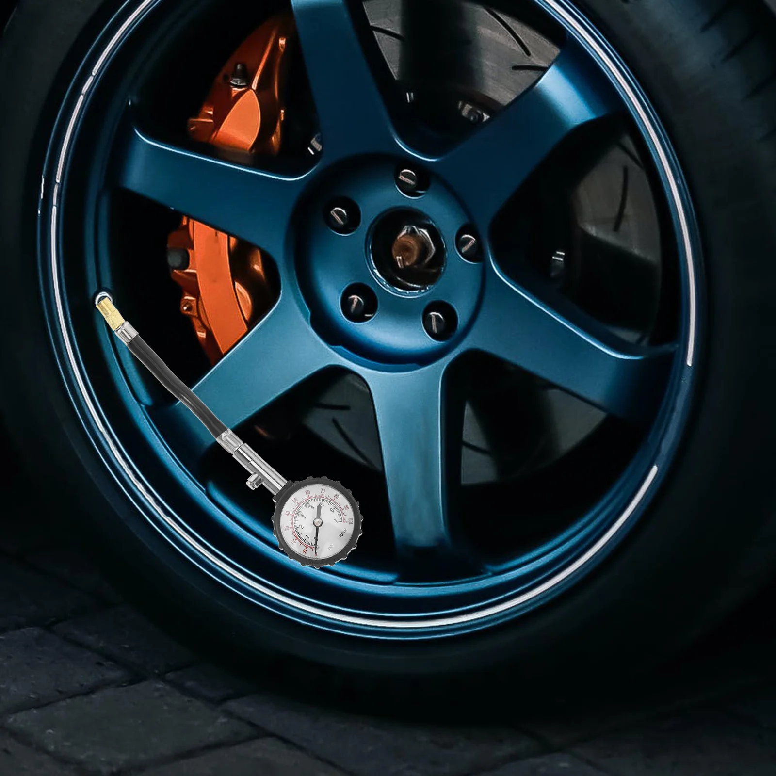 

Tire Pressure Gauge Black 7Cm Dial 25Cm Hose 0-100 Psi Heavy Duty Metal Rubber For Cars Trucks Motorcycles Bikes Car Tire