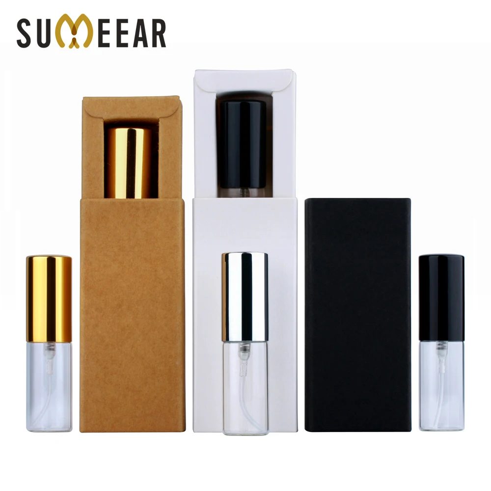 5ml Empty Perfume Bottle With Drawer Box Black And White Kraft Paper Box Anodized Aluminum Pump Bottle