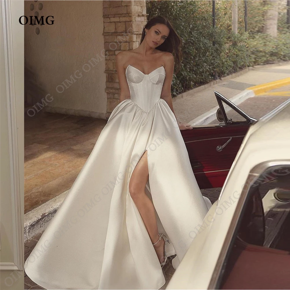 

OIMG Simple A Line Wedding Dresses Silk Satin Sweetheart Pleats Split Sweep Train Bridal Gowns Custom Made Vestido de noiva