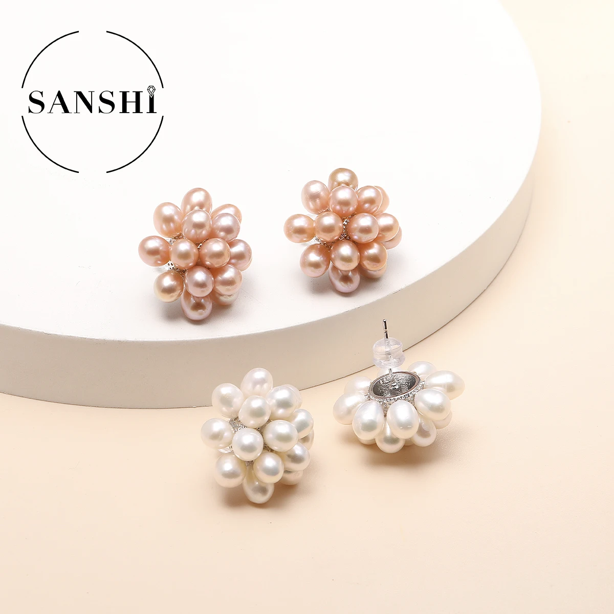 Baroque Style Natural Freshwater Pearl Flower Ball Earrings High-end Minimalist Suitable for Office Commuting Holiday Gifts