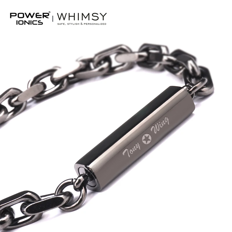 POWER IONICS Vintage Heavy Gray Cuban Link Bracelet Men Women Boys Fashion Punk Bangles Jewelry Free Engrave