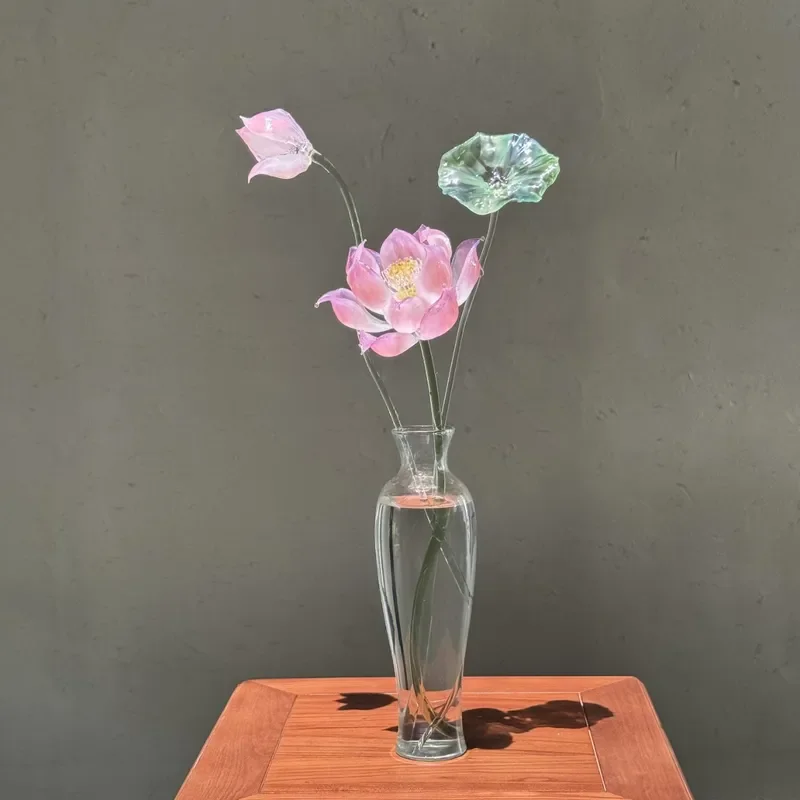 Handmade Glazed Glass Lotus Flower Ornament for Home Decor Buddhist Altar Supply Intangible Cultural Heritage Craft Gift
