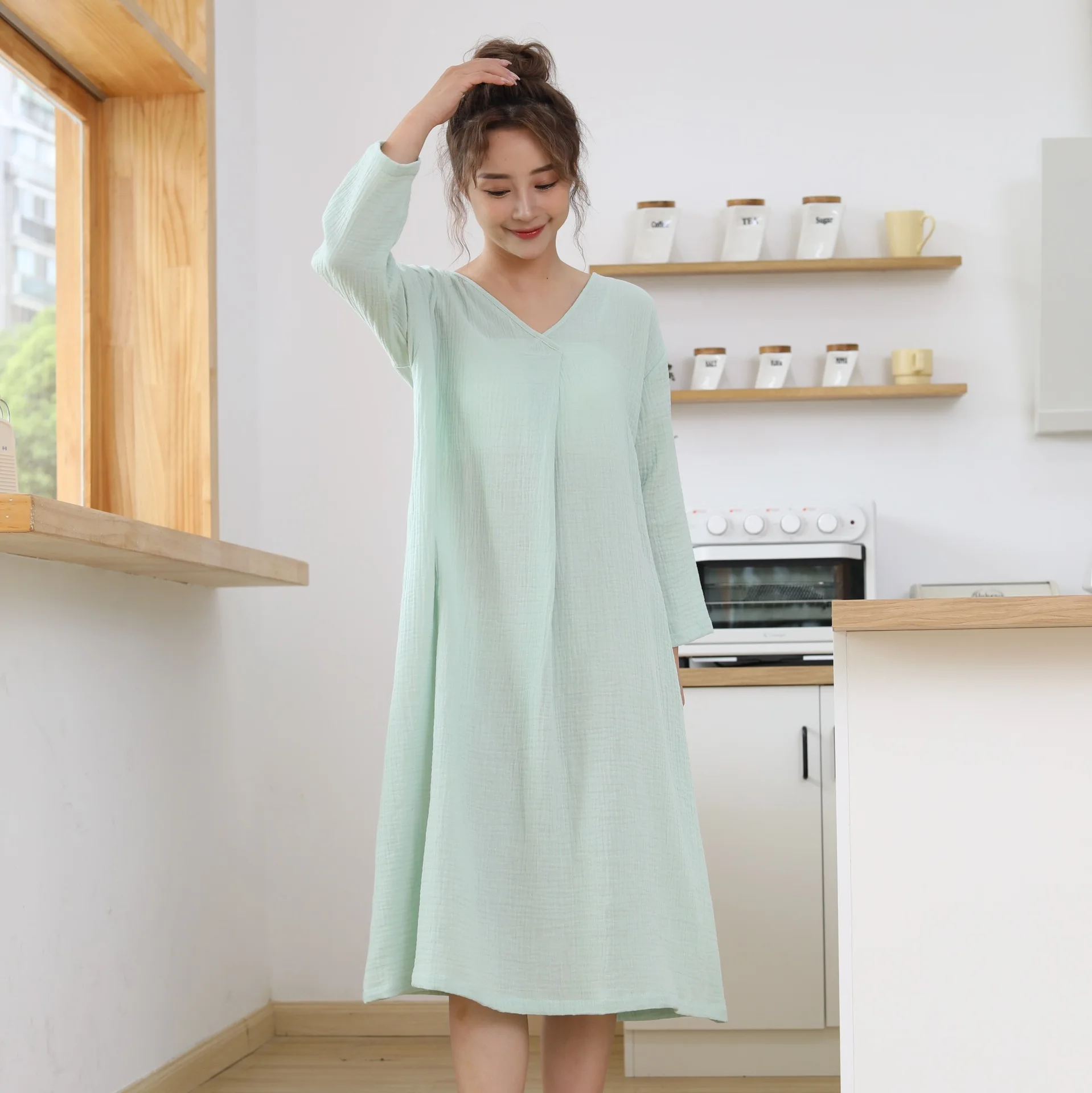 Cotton Nightgown Autumn New Women's Nightwear Loose Casual Comfortable Home Wear Fashion V-Neck Mid Length Sleepwear Nightdress