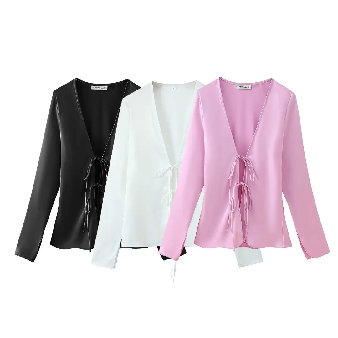 Spring and Summer New European and American Fashion Casual Versatile Style V-neck Long sleeved Bow Details Silk Satin Shirt