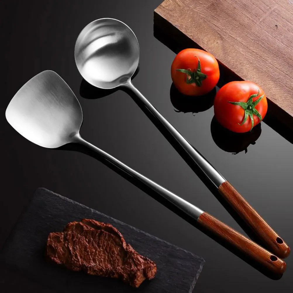 

3Pcs Wok Spatula Ladle Skimmer Set Stainless Steel Wood Handle Ergonomic Design Versatile Use Soup Ladles Hot Pot Strainer