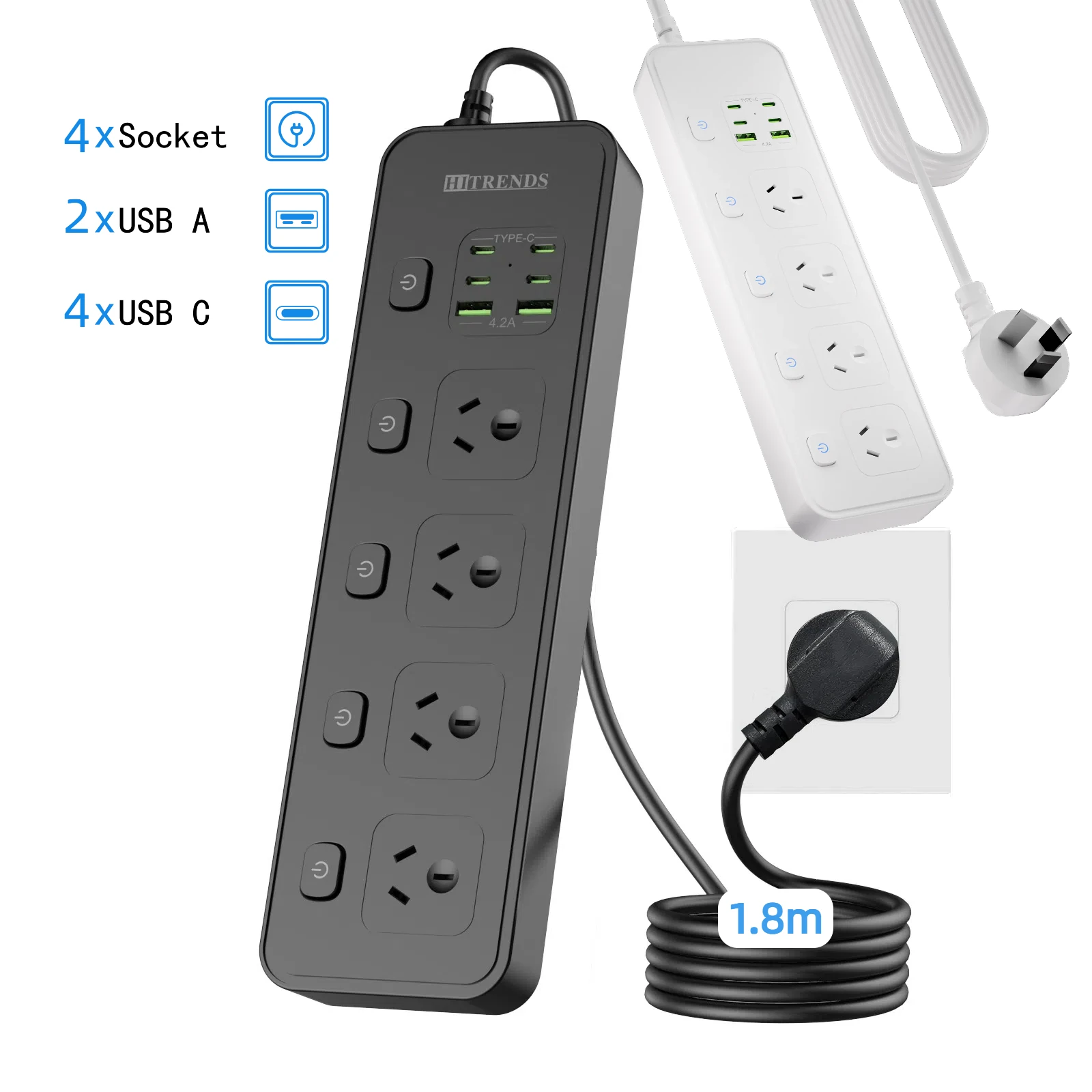 Australian Plug Multi-Functional Power Board, 4 Power Sockets, 2 USB-A and 4 Type-C Ports, 100-250V Independent Switch, 2m Cable