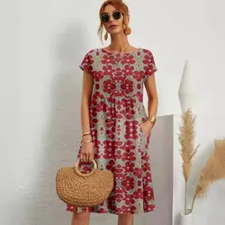 New Women's Cotton Flower Print Dress Women Summer Casual Dresses Fashion Style Short Sleeve O-neck Fold with Pockets Maxi Dress