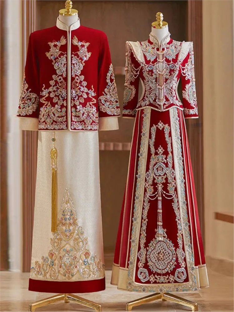 

New large-sized satin dragon and phoenix gown Chinese wedding dress