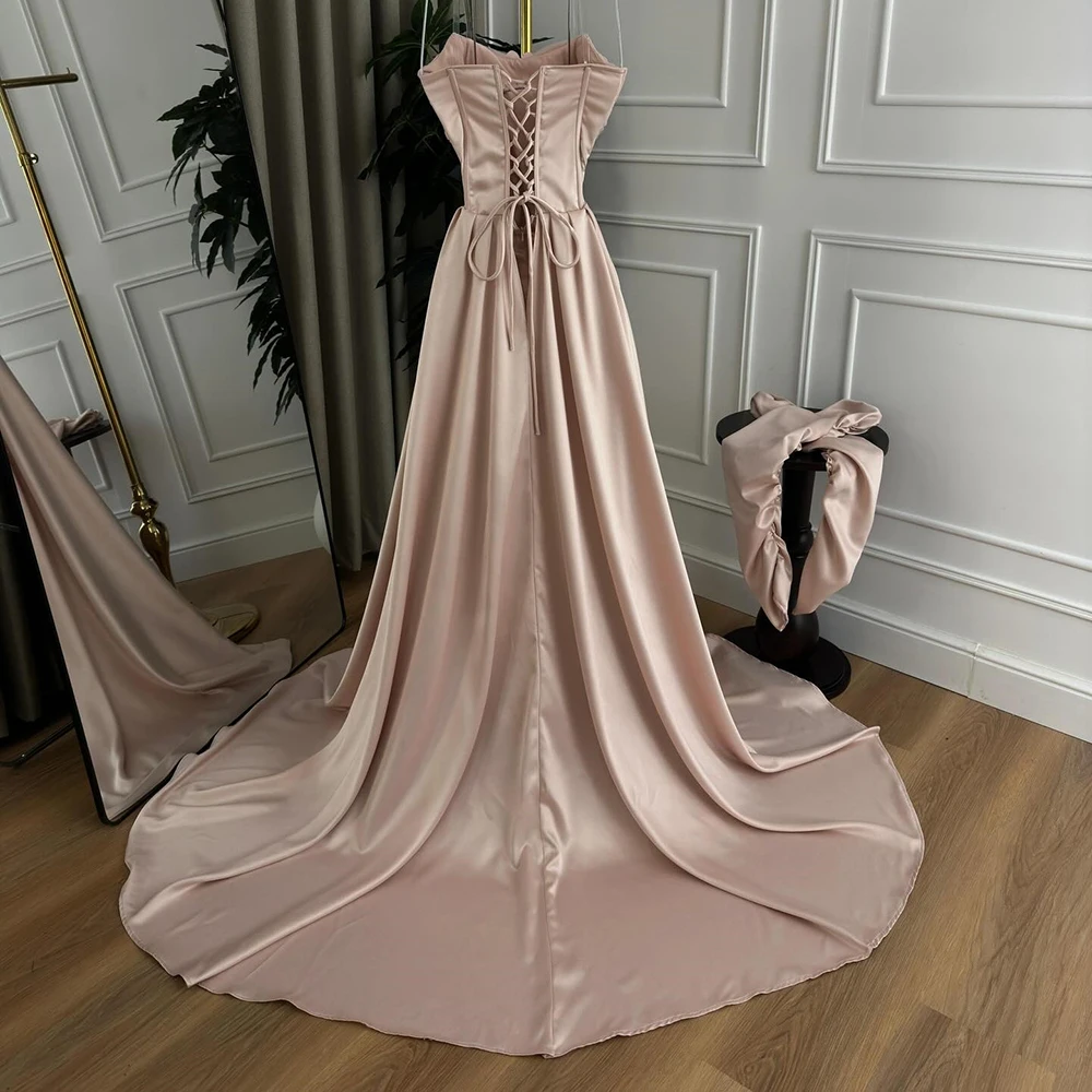 Trägerloses Abendkleid aus errötendem Satin für Damen, 3D-Blume, langer Handschuh, Schnürung am Rücken, Schleppe, luxuriöses formelles Kleid für Abschlussball, Hochzeitsgäste, Gala