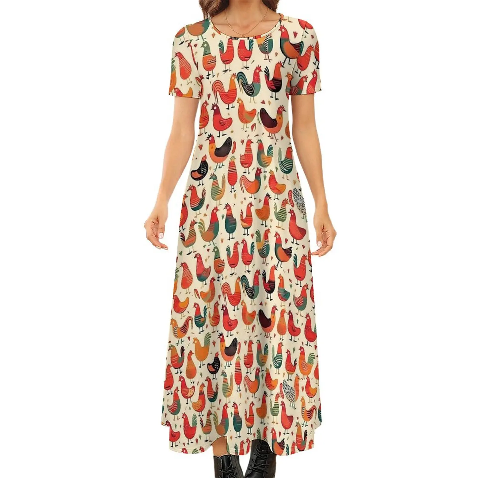 Chickens Rooster Vintage Dress  Street Style Boho Beach Long Dresses Womens Cute Maxi Dress Gift