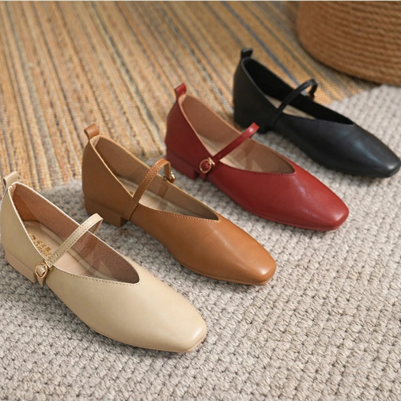 Woman Spring Casual Square Toe Low Soft Soled Shoes Lolita Ballerina Red Flats Female Elegant French Retro Buckle Mary Janes