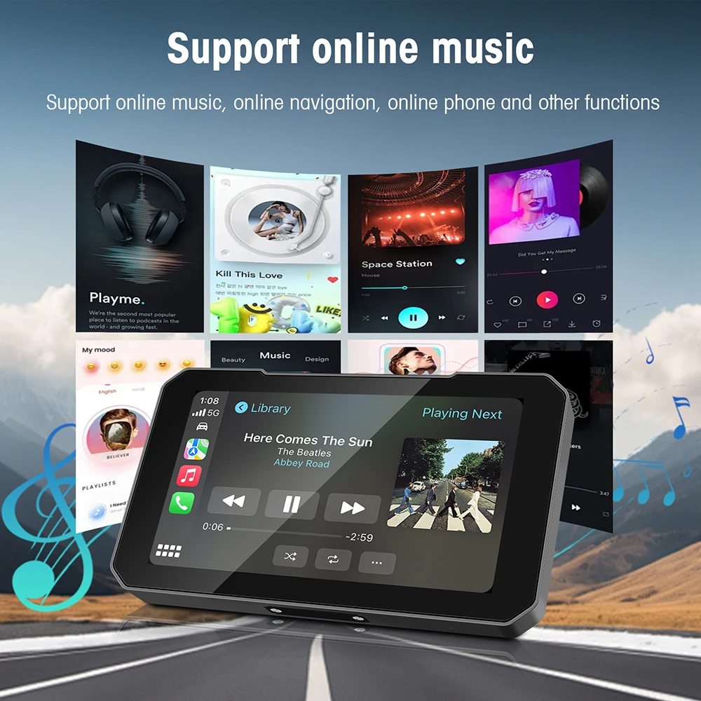 شاشة CarPlay للدراجات النارية مقاس 5 بوصات تعمل باللمس تدعم تسجيل الكاميرا المزدوجة مع CarPlay اللاسلكي وAndroid Auto IP67 Waterpr