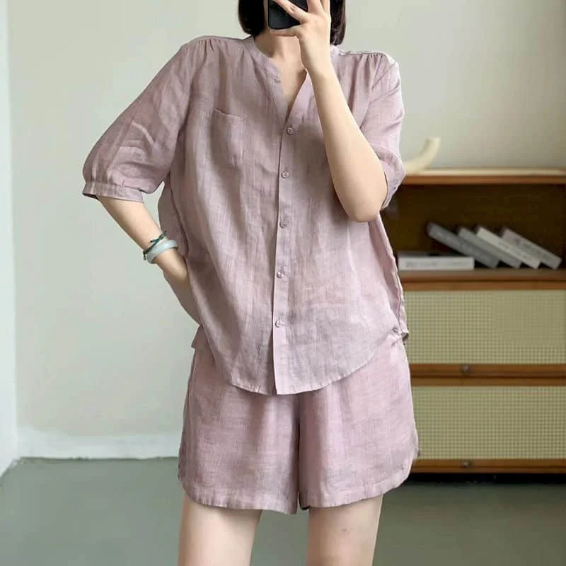 Setelan baju wanita dua potong, setelan celana pendek polos, longgar, gaya Korea, lengan setengah, leher O, dan celana pendek pinggang elastis musim panas