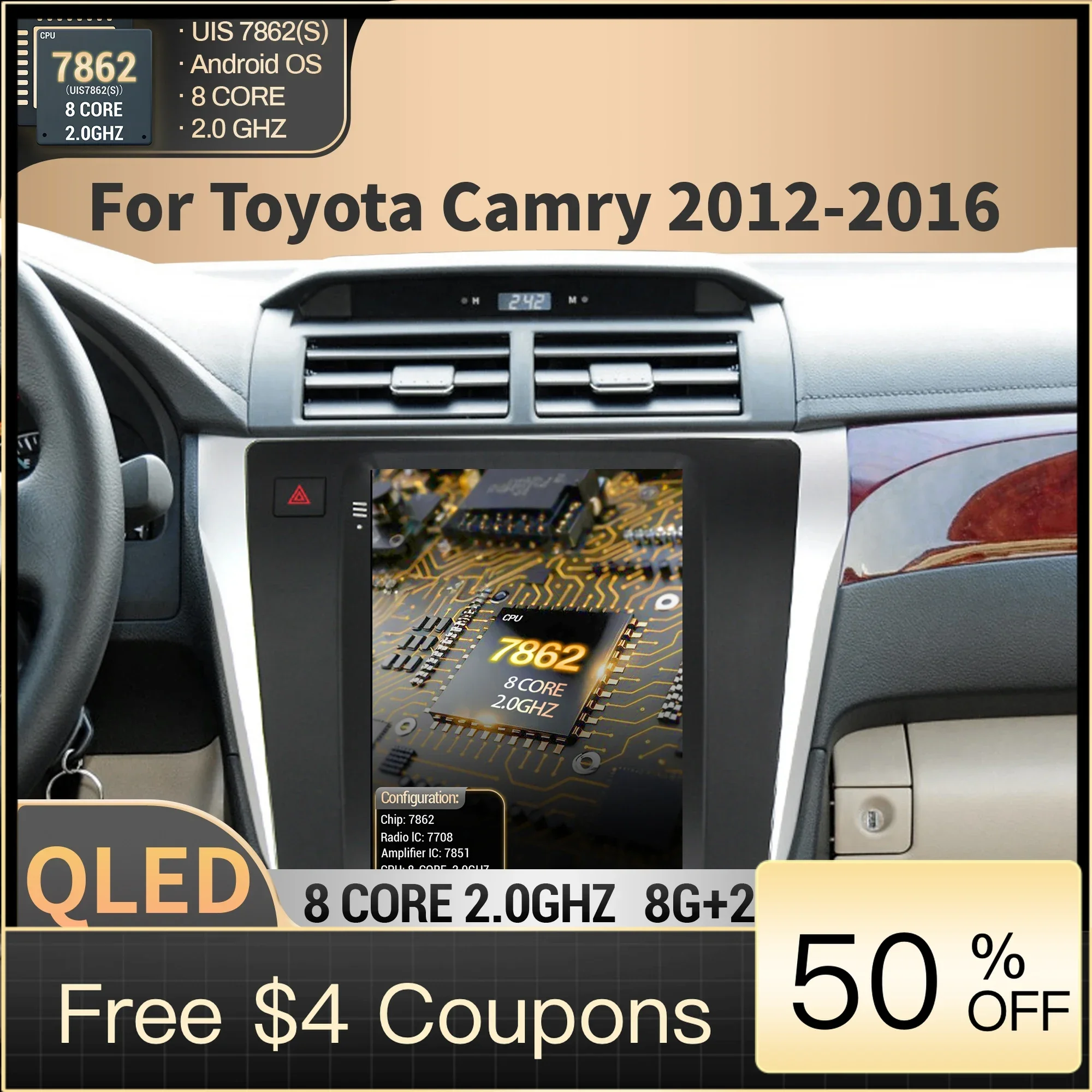 

9.7 inch Car Radio Multimedia For Toyota Camry 2012 2013 2014-2016 Android Wireless Carplay 4G GPS Head Unit QLED Screen