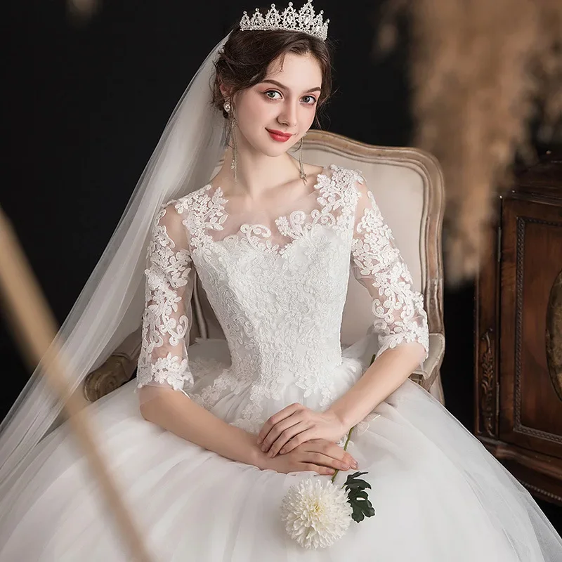 Royal Style Elegant Lace Wedding Dress Ball Gown Mid-sleeve Floor-length Flower Embroidery Wedding Long Sleeve Dress for Women