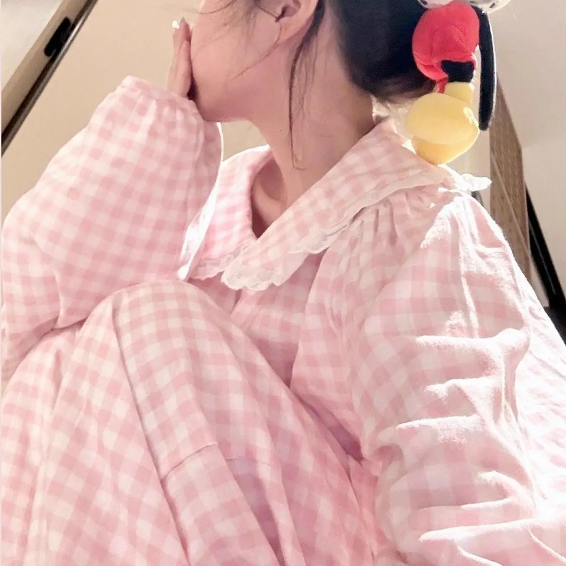 Neues Kawaii Pink Hello Kitty Herbst-Baumwoll-Pyjama-Set für Frauen 2025, Cartoon-Langarmhose, süße süße Mädchen-Hauskleidung